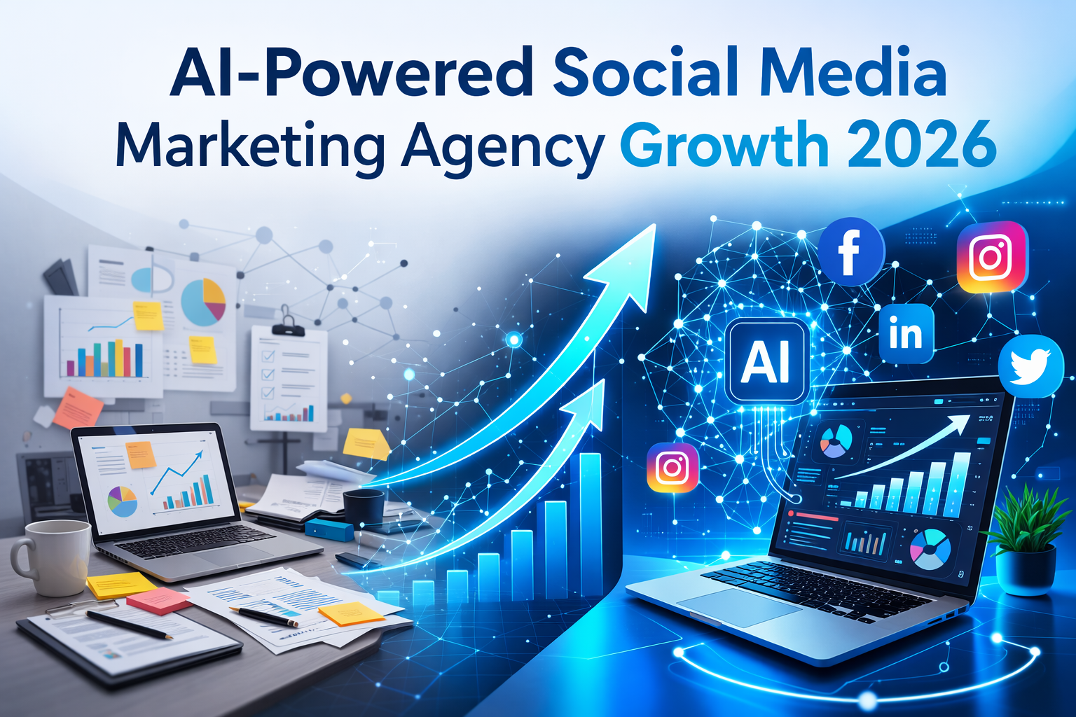 Social media marketing agency leveraging AI agents for client growth with futuristic automation technology and traditional marketing comparison