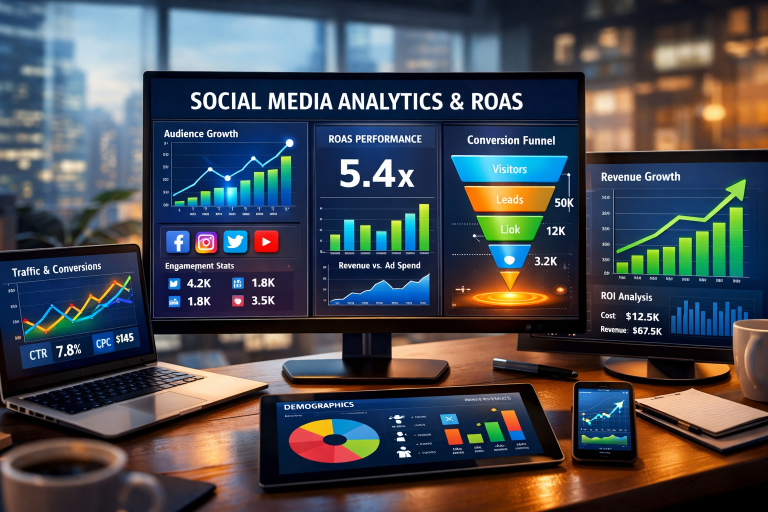 LeadTap - Social media marketing agency dashboard showing ROAS data and conversion metrics