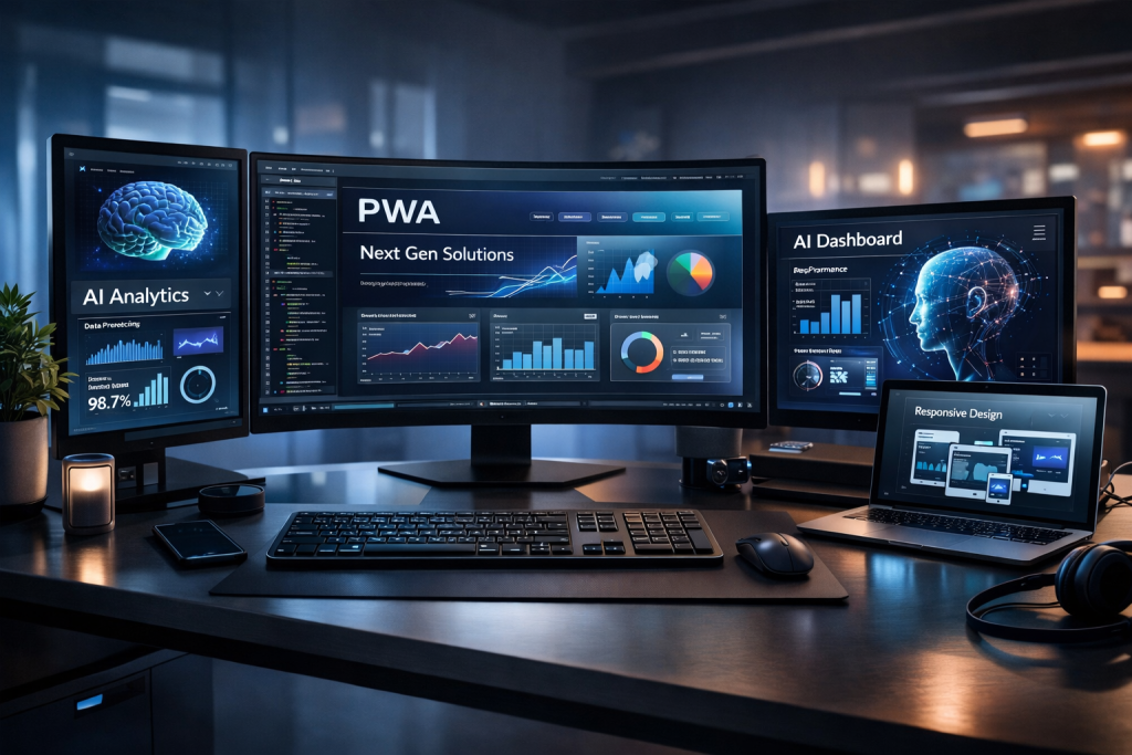 Modern web development agency workspace with AI-powered tools and progressive web applications