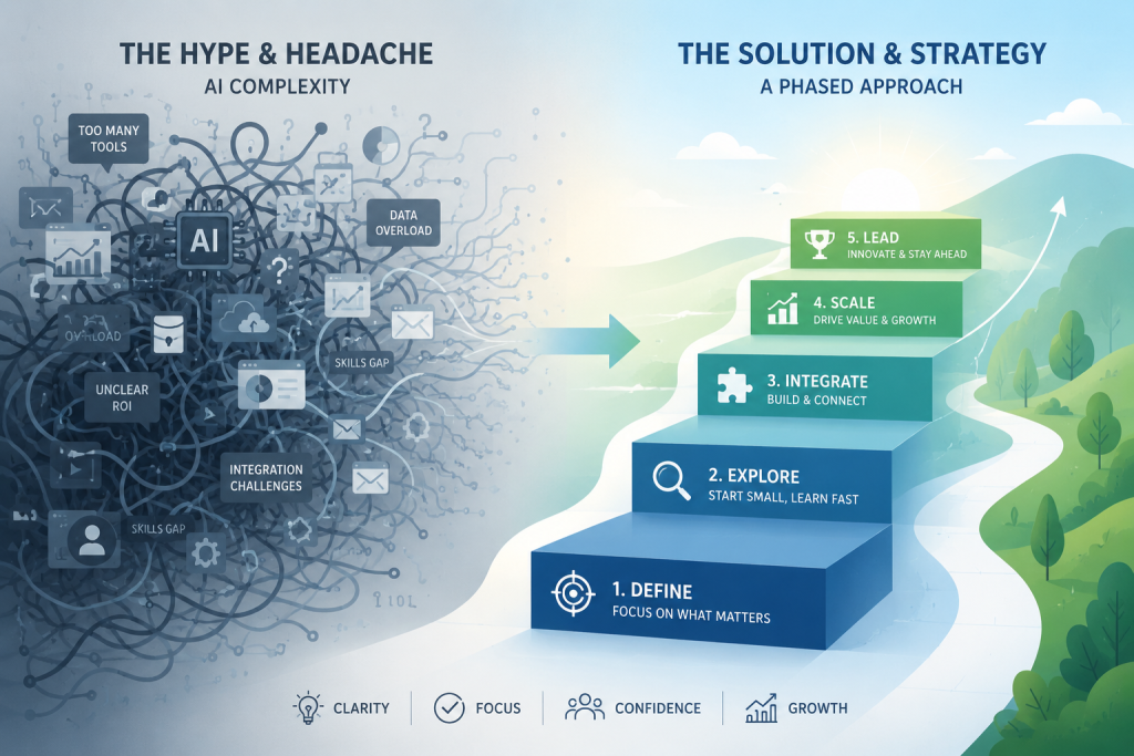 AI solutions implementation pathway showing strategic approach for growing businesses without complexity