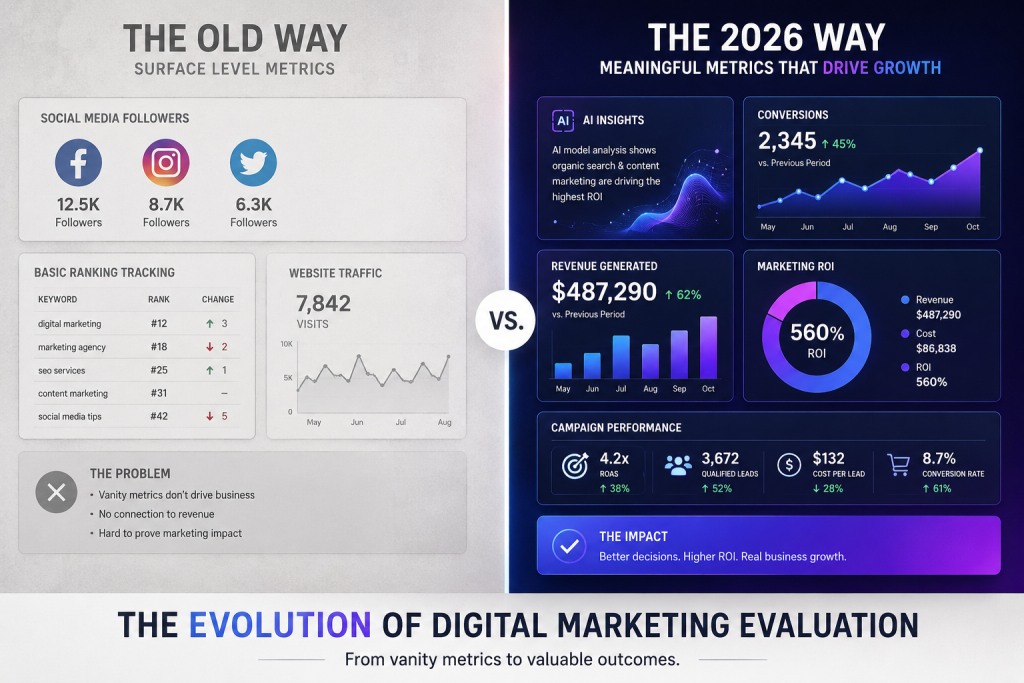 Digital marketing agency evaluation methods comparison showing outdated follower metrics versus modern AI-powered analytics and ROI data for 2026