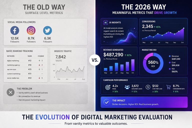 Digital marketing agency evaluation methods comparison showing outdated follower metrics versus modern AI-powered analytics and ROI data for 2026