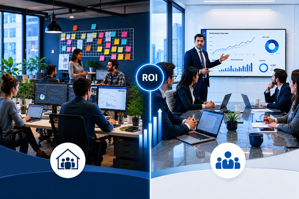 SEO agency versus in-house team comparison showing business meeting and internal office workspace to illustrate ROI decision for growing businesses - LeadTap - Blog