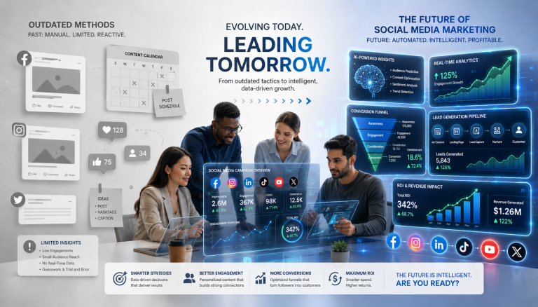 Modern social media marketing agency dashboard showing AI-driven analytics and ROI metrics compared with traditional posting methods in 2026
