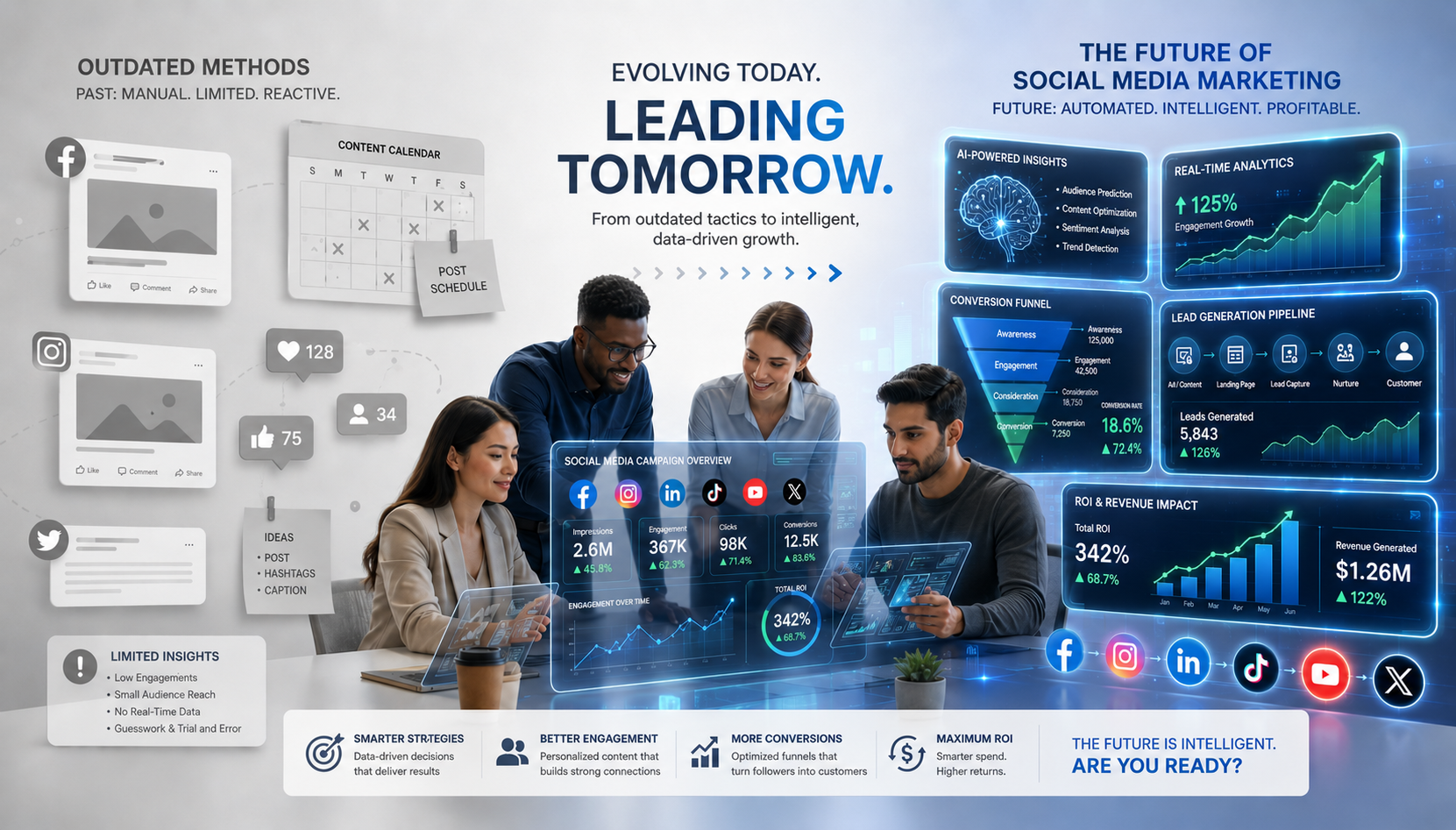 Modern social media marketing agency dashboard showing AI-driven analytics and ROI metrics compared with traditional posting methods in 2026